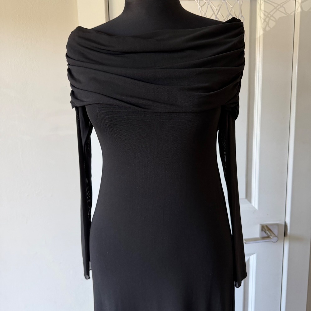 MESHKI Josie Off Shoulder Mesh Maxi Dress Black Women's Long Sleeve Size M - Picture 9 of 16